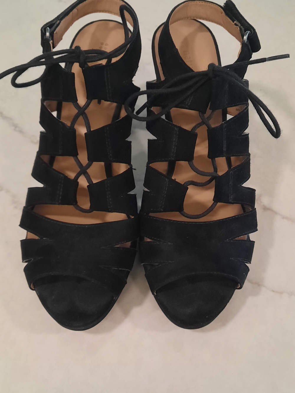 Women's Black Suede Strappy Lace-Up Sandals